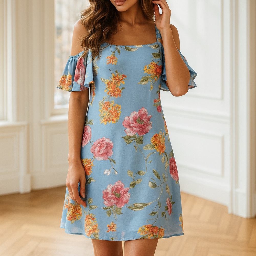 Hummingbird Blue Floral Cold Shoulder Ruffle Dress Cottagecore Fairycore Size L